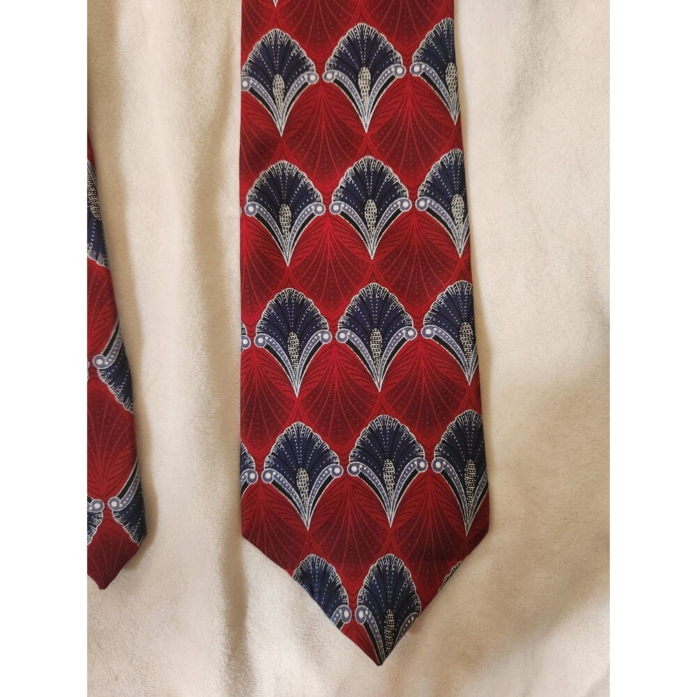 Vintage 90s Art Deco 100% Silk Tie Spencer & Lowe Retro Geometric Fan Art Red